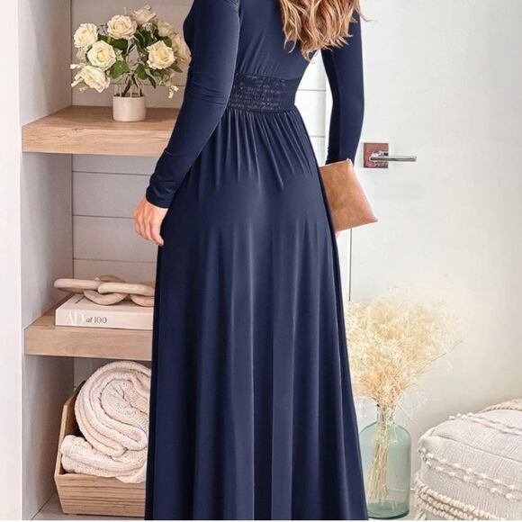 ANRABESS Women's Deep V Neck long Sleeve Maxi Dress | Pleated High Waist Slit - Picture 3 of 5